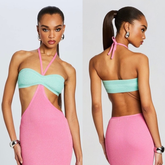 NWT RETROFETE Glitter Rib Knit Colorblock Halter Neck Cutout Waist Mini Dress XS - Picture 3 of 6